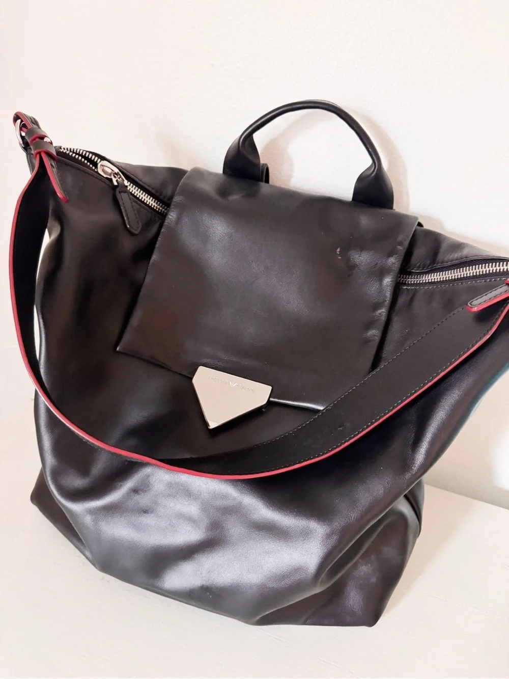 Emporio Armani Black Leather Backpack with Red Accent